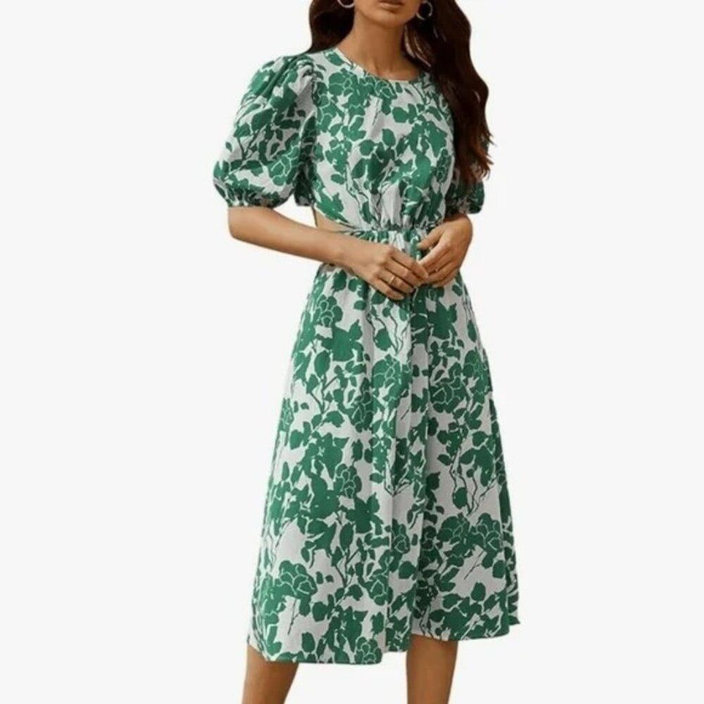 SweatyRocks Women's Boho Floral Puff Sleeve Cut Out Tie Back Midi Dress - NWT